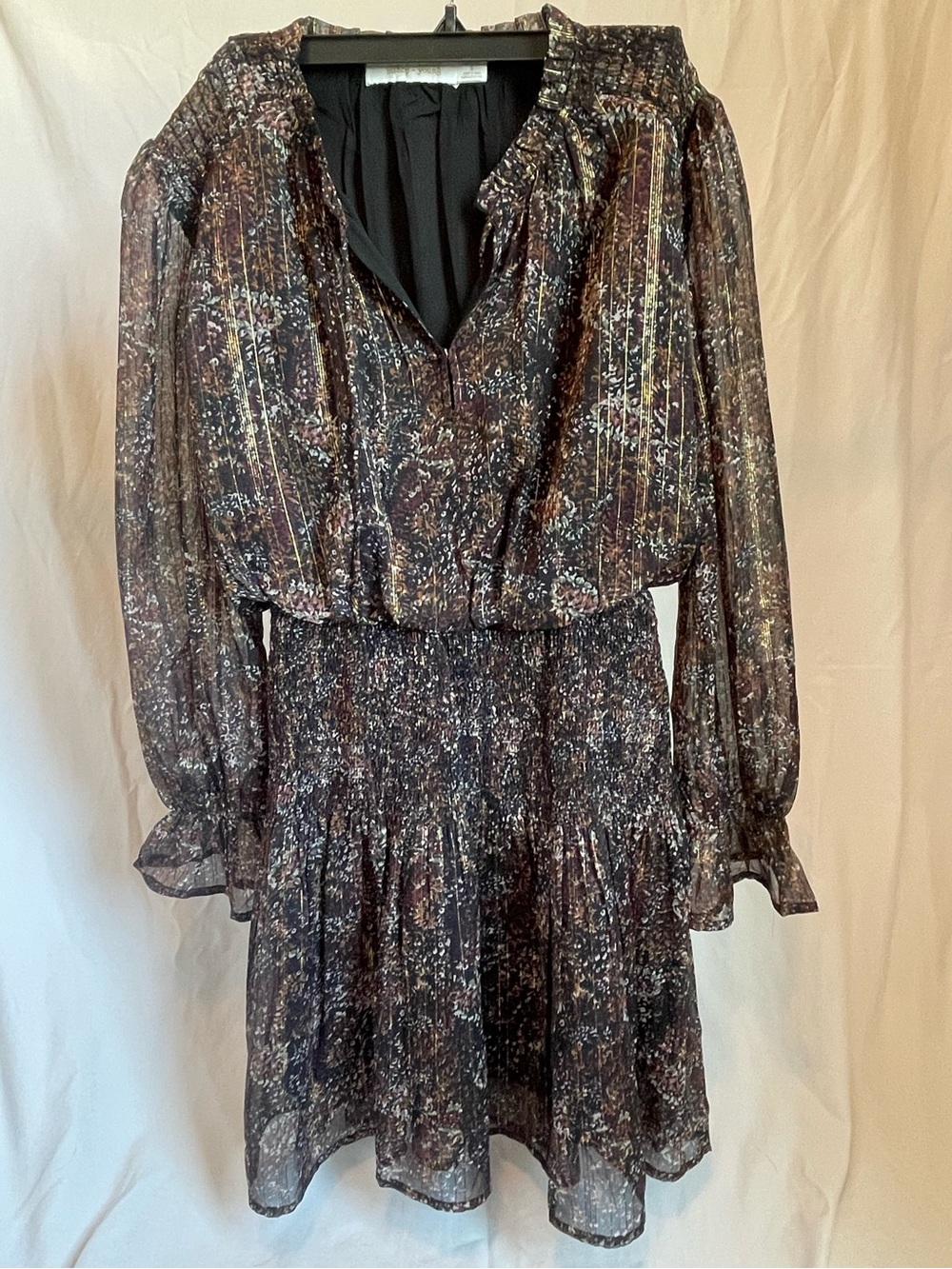 bishop + young Black Brown Multi-Print Long Sleeve Smocked Dress